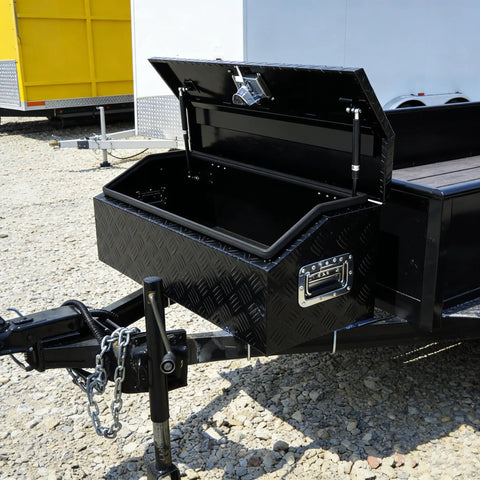 Solid 30 Inch Aluminum Diamond Plate Trailer Tongue Toolbox With Smooth Gas Struts And Secure Key Lock Matte Black Finish To Keep Your Towing Gear Neat And On Point Whenever You Hit The Open Road