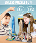 3D City Puzzle Kit For Kids 8-10: Build NYC Landmarks Like Statue Of Liberty, Brooklyn Bridge, And Chrysler Building - Epic, Challenging STEM Toy For Creative Builders And Weekend Projects. Kids assembling 123-piece paper NYC skyline set