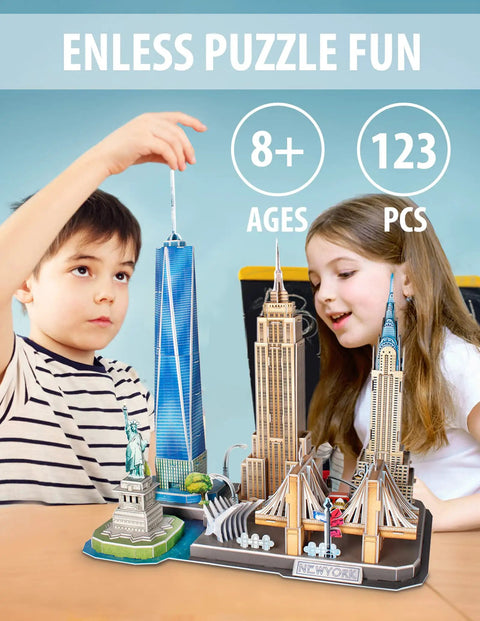 3D City Puzzle Kit For Kids 8-10: Build NYC Landmarks Like Statue Of Liberty, Brooklyn Bridge, And Chrysler Building - Epic, Challenging STEM Toy For Creative Builders And Weekend Projects. Kids assembling 123-piece paper NYC skyline set