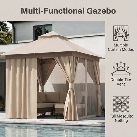 8x8 Ft Outdoor Gazebo with metal frame, double roof, mosquito netting, privacy screen, and rain drainage in a backyard setting.
