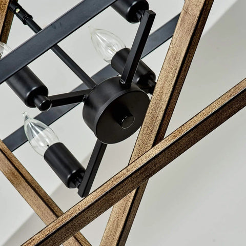 Close-up of 4 light rustic farmhouse chandelier with oil rubbed bronze finish, industrial hanging light fixture detail view.