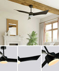 52 Inch Dimmable LED Ceiling Fan With Remote Control, black finish, mounted in living room with 3 curved blades and light kit
