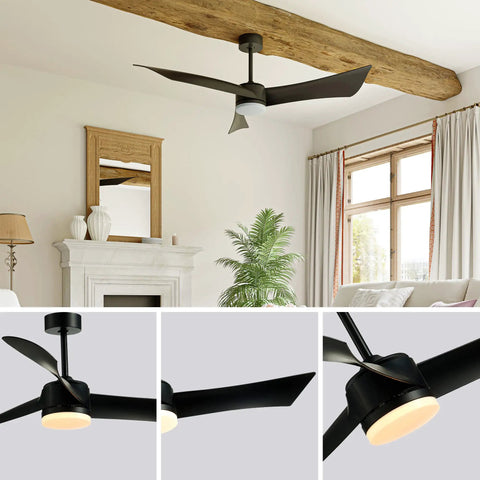 52 Inch Dimmable LED Ceiling Fan With Remote Control, black finish, mounted in living room with 3 curved blades and light kit