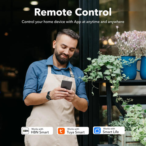 Person using phone to control devices, showcasing Outdoor Smart WiFi Plug Set With Two Grounded Outlets, Heavy Duty Timer, Works With Alexa and Google Assistant, 2.4 GHz Only, ETL Listed, 2 Pack capabilities