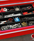 Six Piece Tool Box Organizer Tray Set Pro Grade With Non Slip Dividers For Rolling Chest Drawers filled with tools and hardware
