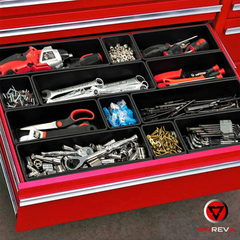 Six Piece Tool Box Organizer Tray Set Pro Grade With Non Slip Dividers For Rolling Chest Drawers filled with tools and hardware