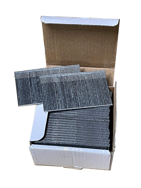 Open box of 16 Gauge Finish Nails 2 Inch Galvanized 2500 Count For Electric And Pneumatic Nailer Guns Rust Resistant Finish Nails