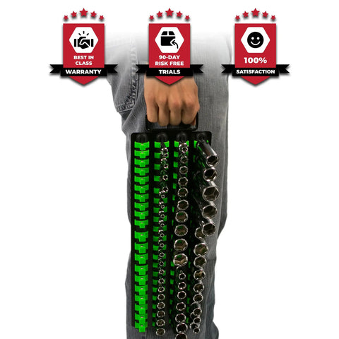 Person holding Grab And Go Portable Socket Organizer Tray with black rails and green clips, showcasing 80 sockets neatly arranged.