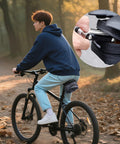 Cyclist with Under Seat Bike Bag Waterproof Ride Ready Saddle Pouch shown up close, highlighting secure straps for travel, commuting, and touring.