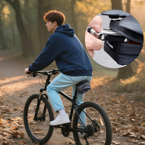Cyclist with Under Seat Bike Bag Waterproof Ride Ready Saddle Pouch shown up close, highlighting secure straps for travel, commuting, and touring.