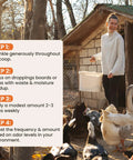 Woman with bucket applying All Natural Chicken Coop Odor Eliminator And Moisture Absorber For Coops And Runs Ammonia Neutralizer
