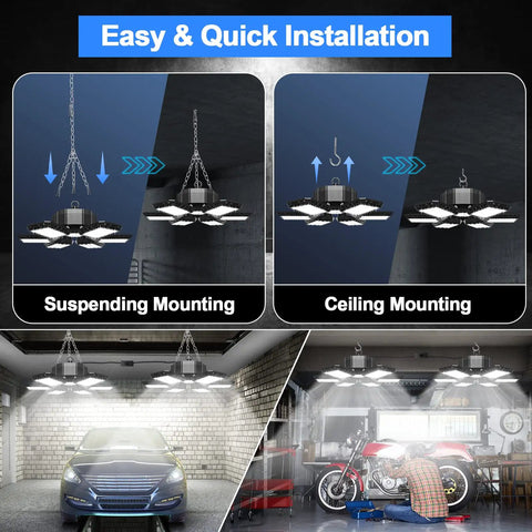 Two Pack Plug In Garage Light 200W 20000LM LED Shop Light Linkable Deformable Ceiling Light installation in garage and workshop
