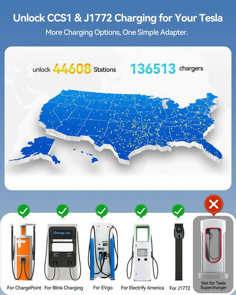 Map showing CCS1 and J1772 charging stations across the US for Premium 2In1 Ccs And J1772 To Tesla Charging Adapter Compatible With 2021 Through 2026 Model 3 Y S X Electric Vehicle Wall Box Plug Heavy Duty Hella Durable Sweet Daily Driver Upgrade.