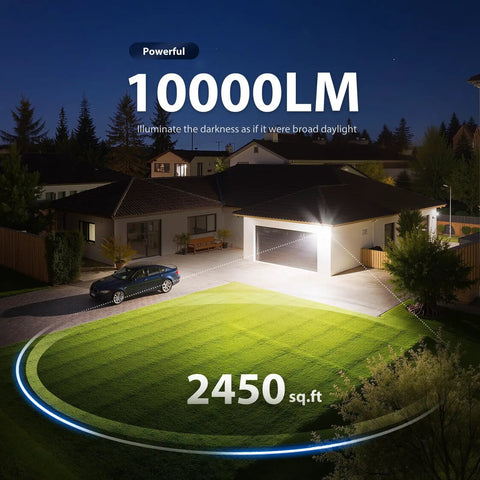 Straight Up Heavy Duty Four Head LED Motion Sensor Outdoor Flood Light With 10000 Lumen Super Bright Output Dusk To Dawn Hardwired Security Lighting For Your Yard And Driveway IP66 Waterproof Daylight White