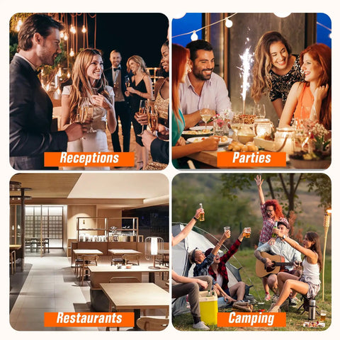 Scenes from receptions, parties, restaurants, and camping events highlighting uses for a durable 5 gallon drink dispenser for parties and events.