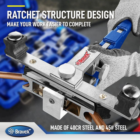 Heavy Duty Tube Bender Kit For HVAC And Auto Repair, showing ratchet structure and 40Cr steel, one quarter to seven eighths inch tube bender.