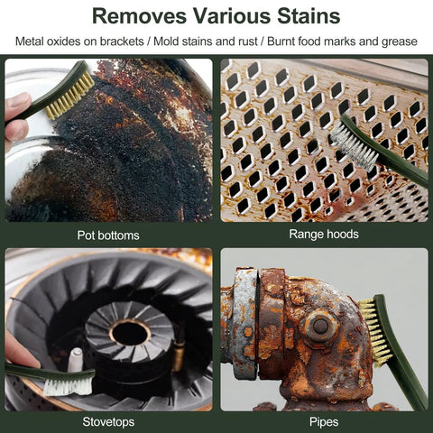 Six Piece Rust Busting Brushes Set For Metal Cleaning And Surface Prep used on pots, range hoods, stovetops, and pipes.