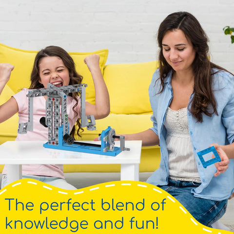 Child and adult building with Hands On Simple Machines Kit Build 26 Models To Explore Levers Pulleys Wheels And Axles Inclined Planes