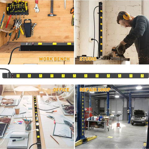 Heavy Duty 12 Outlet Industrial Power Strip With Wide Spaced Outlets And A 15 Foot Cord, 2100 Joules Surge Protection, 15A Circuit Breaker, Double Pole Protection, Metal Housing For Workshop Garage And Office Gear on workbench