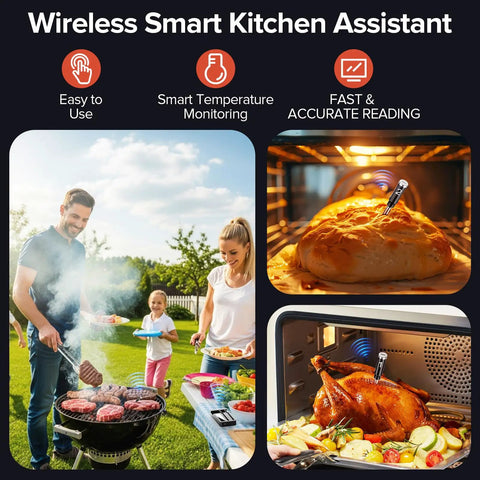 Family using Dual Probe Wireless Meat Thermometer With Bluetooth And WiFi for BBQ, bread in oven, and turkey in air fryer