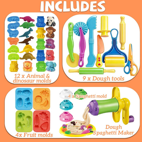 Kids 31 Piece Dough Tools Set with Rolling Pins, Spaghetti Maker, Clay Accessories, 3D Dino Animal and Fruit Molds for DIY Fun