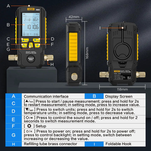 Digital Vacuum Gauge For HVAC With Leak Test And Evacuation Mode, front view with 42mm width and brass connector