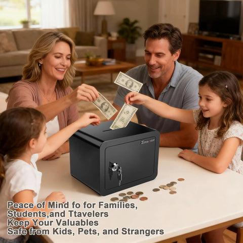 Family using Compact Money Safe With Key Lock And Coin Slot Hidden Stash Box For Cash Jewelry Passports And Valuables Easy Access Home Office Travel Safe For Families Kids And Pets Today.