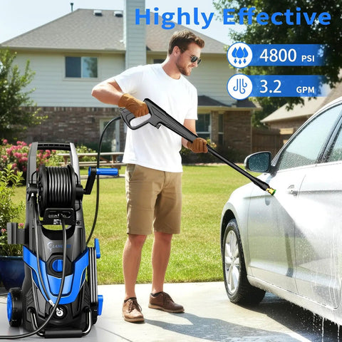 Man using New Upgrade Beast Power Washer With 4 Quick Connect Nozzles 3.2 GPM Inlet Hose 500ml Soap Tank for car cleaning