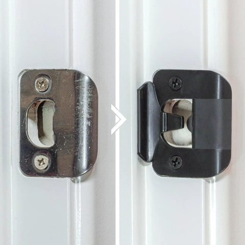 Decorative Door Silencer Strike Plate Silences Pesky Loud Latches and Kicks Door Slamming to the Curb with flexible black rubber design.