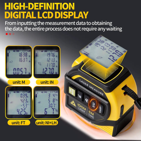 No Sweat 4 In 1 Laser Tape Measure With 328 Ft Rangefinder And Cross Line Beam Plus Auto Lock Folding Ruler And Digital Level with LCD display.