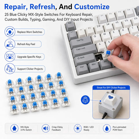 Blue 3 Pin Clicky Mechanical Keyboard Switches Set Pre Lubed MX Compatible RGB For Repair Custom Builds Typing Gaming And DIY Projects Great Replacements For Worn Or Inconsistent Keys 25 Pack, clear switch close-up