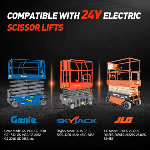 Heavy Duty Built Like A Tank 24V 25A Scissor Lift Battery Charger With Auto Shutoff And IP67 Waterproof Seal keeps compatible scissor lifts charged.