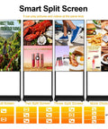 55 Inch 4K Indoor Floor Stand Digital Signage With 1000 Nits Brightness And No Fuss Rolling Base For Quick Retail Setup Android Smart Advertising Display With Wifi Plug Play Flexibility showcasing smart split screen with multiple ads.