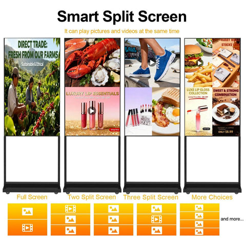 55 Inch 4K Indoor Floor Stand Digital Signage With 1000 Nits Brightness And No Fuss Rolling Base For Quick Retail Setup Android Smart Advertising Display With Wifi Plug Play Flexibility showcasing smart split screen with multiple ads.