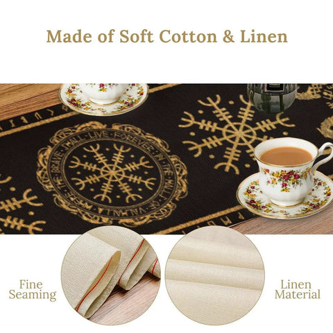 Tree Of Life Dope Abstract Table Runner 13x60 Inches With Golden Black Celtic Geometric Dragon Boat Rudder Motifs, coffee setup