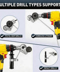 Pro Grade Workhorse Electric Drill Plate Cutter With Dual Wheel Metal Nibbler Attachment, shown on pistol grip, cordless lithium and impact drills
