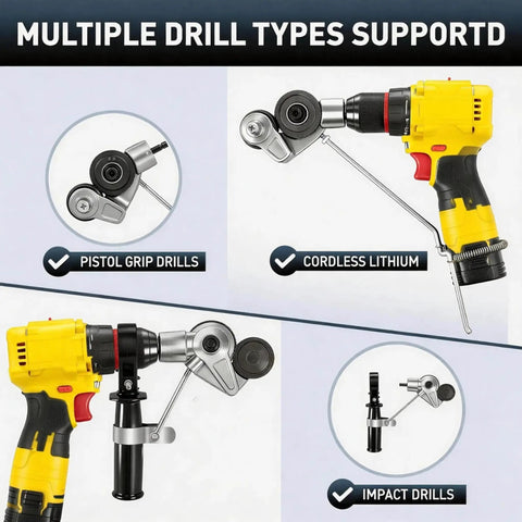 Pro Grade Workhorse Electric Drill Plate Cutter With Dual Wheel Metal Nibbler Attachment, shown on pistol grip, cordless lithium and impact drills