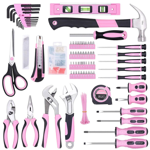 Pink Tool Set For Women 220 Piece Home Repair Kit With Durable Forged Steel Pliers And 12 Inch Wide Mouth Open Storage Tool Bag