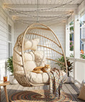 Outdoor Hanging Egg Chair Without Stand For Patio Or Balcony, Wicker Swing Egg Basket With Padded Cushion, Ceiling Or Tree Mount, Indoor Outdoor Cozy Beige Chair With 300 Lb Capacity
