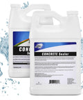 Penetrating Concrete Sealer for driveways, patios, pavers, brick, grout, and masonry in white gallon containers with splashing water