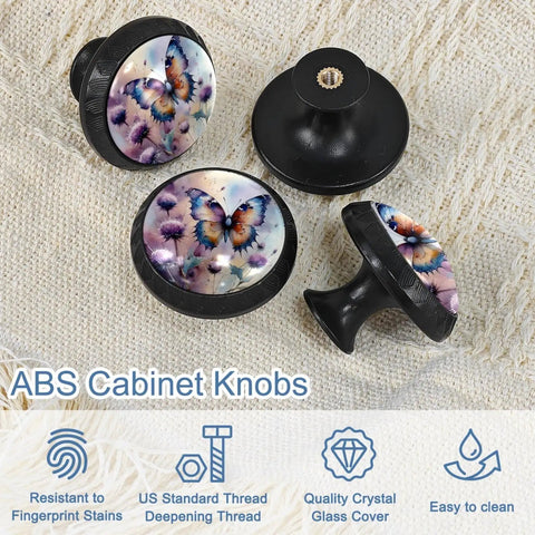 Four Pack Butterfly And Thistle Crystal Glass Kitchen Cabinet Knobs, 1.37in diameter, ABS bodies, easy to mount for home decor.