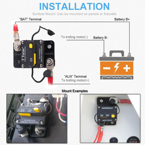 Three Eighths Inch 300 Amp Auto Circuit Breaker With Manual Reset, shown in installation diagram and mount examples, for auto use