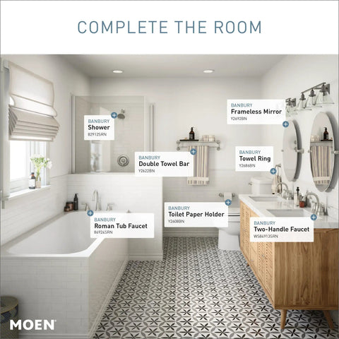 Bathroom featuring Banbury 3 Piece Bath Accessory Kit In Brushed Nickel Comes With 24 Inch Towel Bar Pivoting Toilet Paper Holder And Towel Ring Includes Template And Mounting Hardware For No Fuss Easy Install Durable Bath Hardware With Limited Lifetime Warranty.