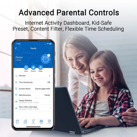 Mother and daughter using laptop with Beast Speed WiFi 7 Router app on smartphone, demonstrating parental controls.