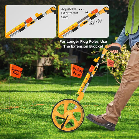 Person using Distance Measuring Wheel With Feet And Inches, 20 Marking Flags And Flag Holder, Collapsible Imperial Measure Wheel.