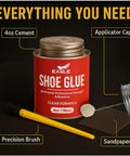 Go-To Heavy Duty Shoe Cement For Sole Repair with applicator cap, precision brush, and sandpaper, 4oz container.