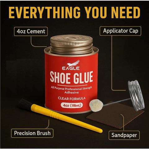 Go-To Heavy Duty Shoe Cement For Sole Repair with applicator cap, precision brush, and sandpaper, 4oz container.