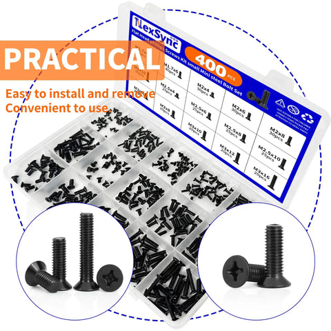 400 Piece Mini Flathead Phillips Screw Kit With 15 Sizes M1.7 To M3 Steel Zinc Coated in plastic organizer box.