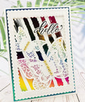 Card using 24 Piece Nesting Frame Die Cut Set With Scalloped Borders For Card Making, featuring butterflies and 'hello' text design.