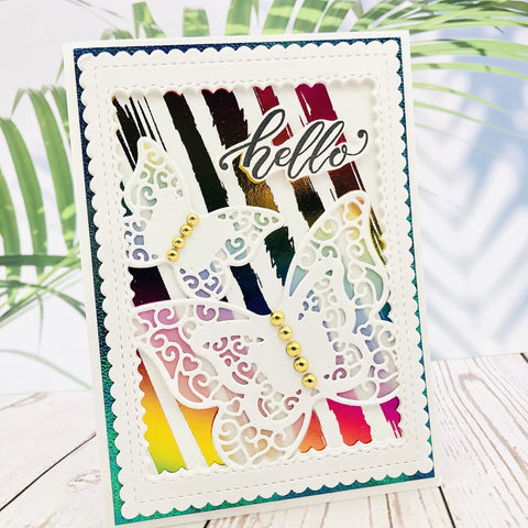 Card using 24 Piece Nesting Frame Die Cut Set With Scalloped Borders For Card Making, featuring butterflies and 'hello' text design.